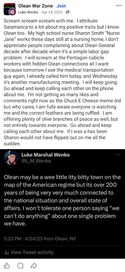 April 24, 2023, Facebook post by Luke Wenke discussing former school nurse Sharon Smith, criticizing Olean residents, and alleging hidden connections between local workers and the Pentagon.