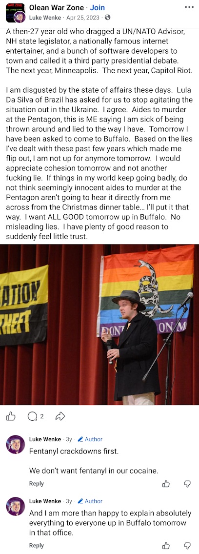 April 25, 2023, Facebook post by Luke Wenke accusing Pentagon personnel of involvement in murder and deception, discussing the Russia-Ukraine war, and referencing his planned visit to Buffalo and a previous Libertarian presidential debate.