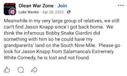April 26, 2023, Facebook post by Luke Wenke speculating that Bobby Giardini was involved in Jason Knapp's disappearance and referencing his grandparents' property on South Nine Mile.
