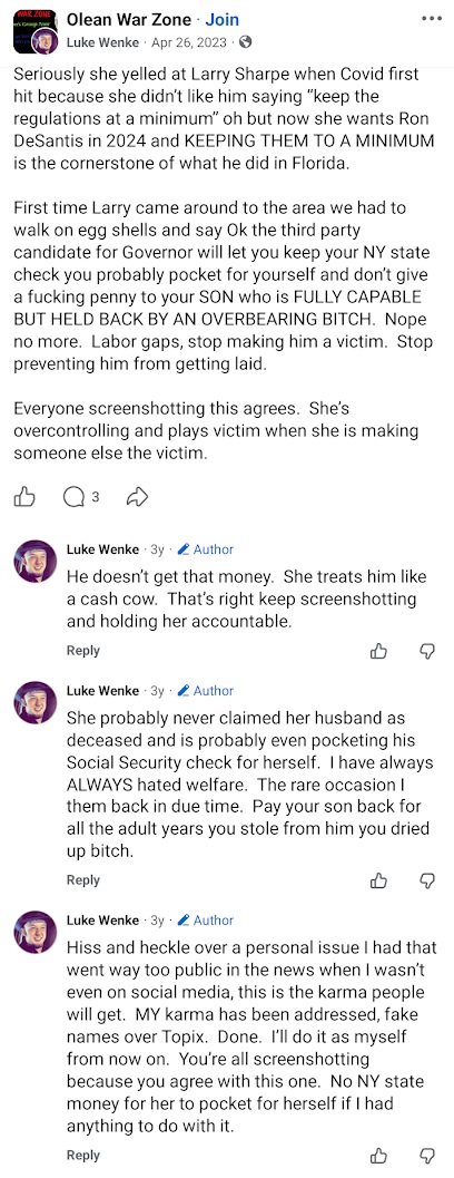 April 26, 2023, Facebook post by Luke Wenke accusing Larry Sharpe's mother of controlling her adult son's finances, withholding money, and collecting government benefits. Wenke also criticizes her political views and references Ron DeSantis.