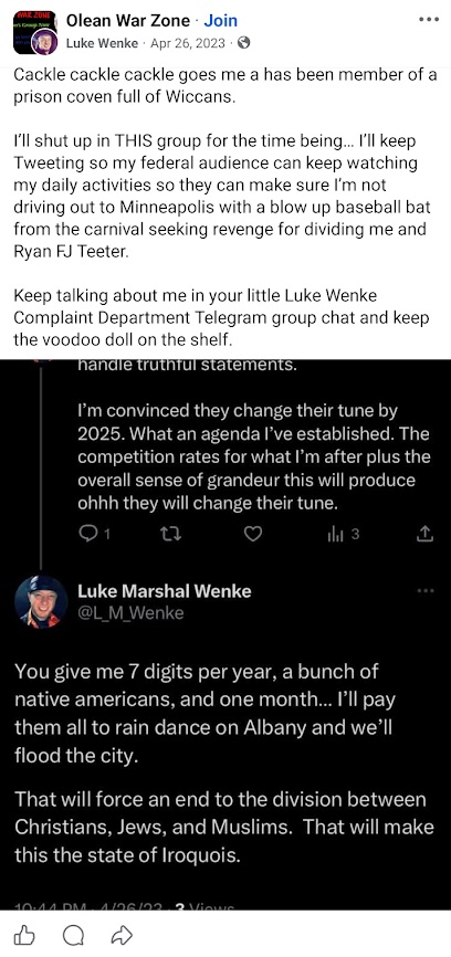 April 26, 2023, Facebook post by Luke Wenke accusing members of a Telegram group of discussing him and using voodoo against him. He also references Ryan Teeter and shares a tweet claiming he could pay Native Americans to perform rain dances that would flood Albany, New York.