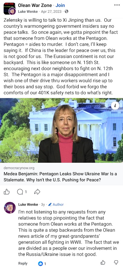 April 27, 2023, Facebook post by Luke Wenke accusing Pentagon personnel of aiding murder in the Ukraine war, criticizing U.S. opposition to peace talks, and sharing an article featuring Medea Benjamin.