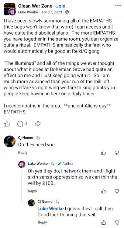 April 27, 2023, Facebook post by Luke Wenke claiming to organize empaths for rituals involving Reiki and Qigong, referencing the Illuminati and Bohemian Grove, and discussing plans to fight what he calls sixth sense oppression.