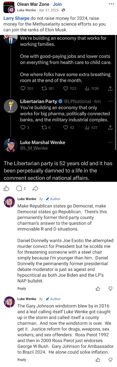 April 27, 2023, Facebook post by Luke Wenke urging Larry Sharpe to fund Methuselah science research instead of political campaigns, criticizing the Libertarian Party's effectiveness, and discussing Gary Johnson and Daniel Donnelly.
