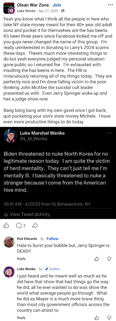April 27, 2023, Facebook post by Luke Wenke sharing a tweet in which he claims to have threatened to use a nuclear weapon against a stranger. He also criticizes Larry Sharpe, discusses John McAfee, and claims the FBI returned his belongings.