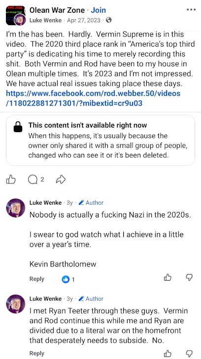 April 27, 2023, Facebook post by Luke Wenke criticizing Vermin Supreme and Rod Webber, referencing their visits to his Olean home, and claiming that he met Ryan Teeter through them.