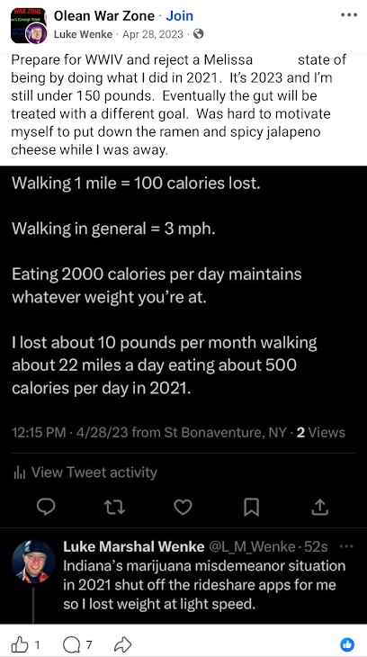 April 28, 2023, Facebook post by Luke Wenke claiming he lost approximately 10 pounds per month in 2021 by walking 22 miles daily and consuming only 500 calories, while discussing marijuana and weight loss.