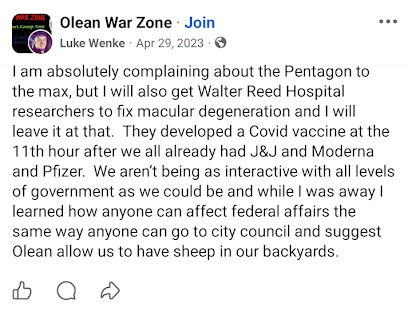 April 29, 2023, Facebook post by Luke Wenke criticizing the Pentagon, calling on W