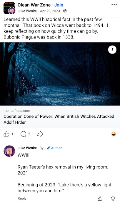 April 29, 2023, Facebook post by Luke Wenke sharing an article about alleged British witchcraft against Adolf Hitler during World War II. In the comments, Wenke references a 2021 hex removal involving Ryan Teeter and a purported spiritual message in 2023.
