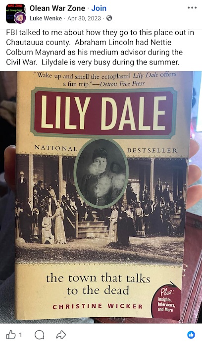 April 30, 2023, Facebook post by Luke Wenke claiming the FBI discussed Lily Dale in Chautauqua County and referencing Abraham Lincoln, Nettie Colburn Maynard, and Civil War spiritualism.