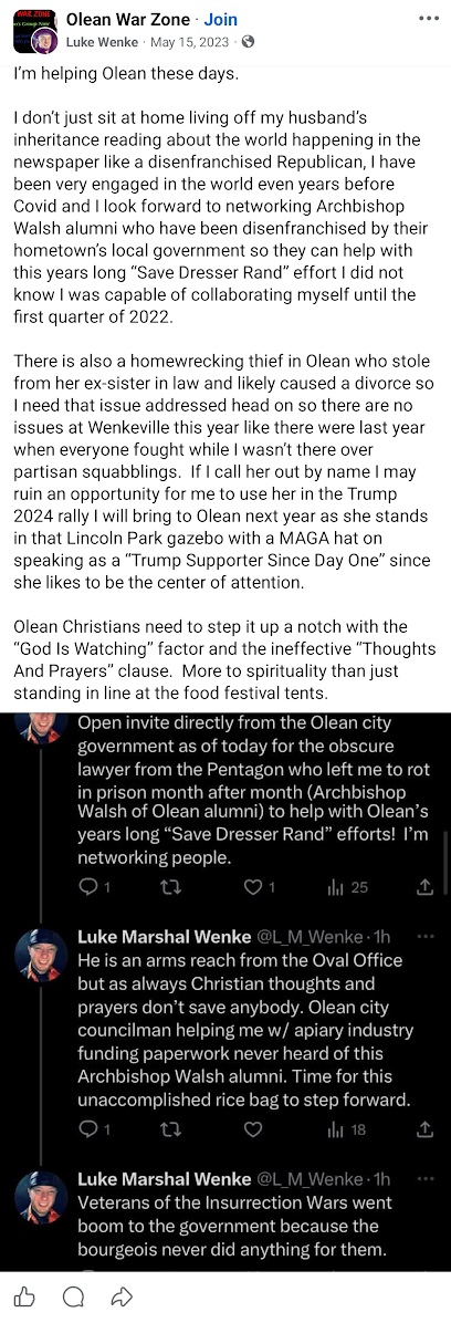 May 15, 2023, Facebook post by Luke Wenke in the Olean War Zone group accusing a former family member of stealing from him and contributing to his divorce. Wenke discusses ongoing family disputes, personal grievances, and his plans to confront those he believes wronged him.