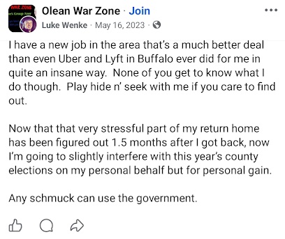 Luke Wenke announces a new job and says he plans to interfere with county elections for personal gain.
