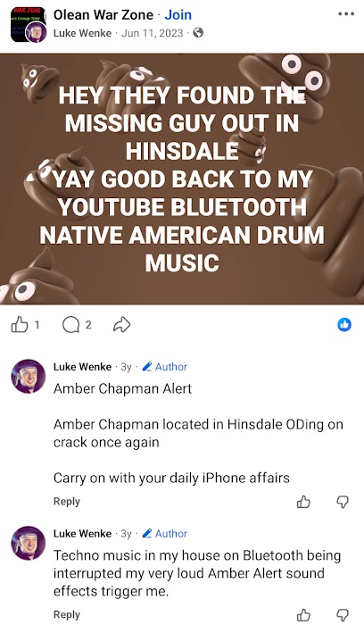 Luke Wenke posts about a Hinsdale missing person and complains about an Amber Alert interrupting his music.