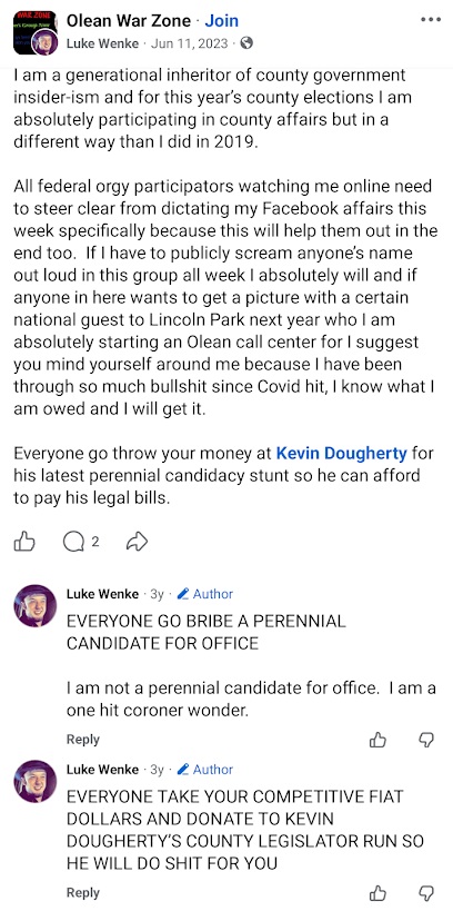 Luke Wenke discusses county elections, criticizes Kevin Dougherty, and makes remarks about bribing politicians.