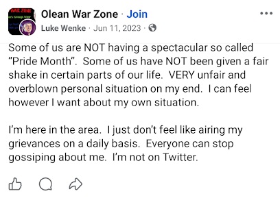 Luke Wenke discusses Pride Month, unfair treatment, personal grievances, and gossip in a Facebook post.