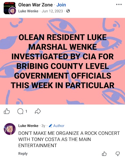Luke Wenke posts a graphic claiming a CIA investigation into bribery of county officials.