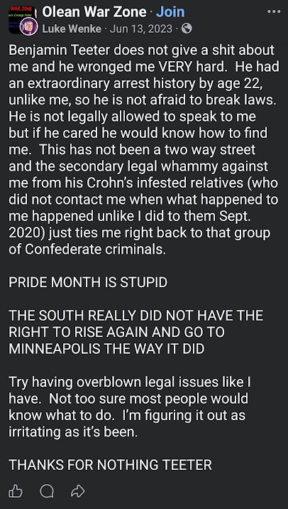 June 13, 2023, Facebook post by Luke Wenke discussing Benjamin Ryan Teeter and suggesting that the entire Teeter family should enter witness protection or flee to Argentina. Wenke also insults the family and makes hostile remarks about the South.