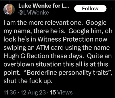 August 12, 2023, X post in which Luke Wenke mocks Benjamin Ryan Teeter, makes claims about witness protection, and dismisses references to borderline personality traits.