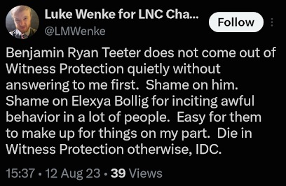 Luke Wenke demands answers from Benjamin Ryan Teeter and makes allegations about witness protection.