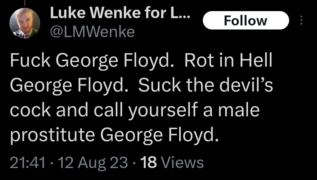 Luke Wenke X post containing profane and derogatory remarks about George Floyd on August 12, 2023.