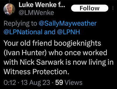 Screenshot of an August 2023 Luke Wenke reply claiming Ivan Hunter, also identified as “boogieknights,” was living in Witness Protection and mentioning Nick Sarwark.