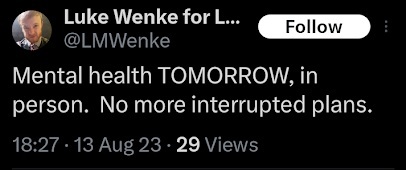 Luke Wenke announces a mental health appointment and discusses Benjamin Teeter and Gary Johnson.