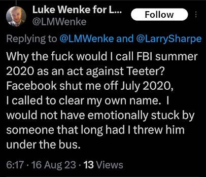 Luke Wenke denies contacting the FBI in 2020 to report Benjamin Teeter.
