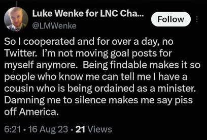 Luke Wenke complains about Twitter restrictions and claims he is being silenced.