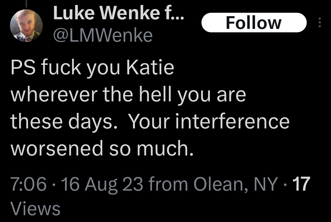 August 16, 2023, X post from Olean, New York, in which Luke Wenke directs profanity at Katie and accuses her of worsening his situation through alleged interference.