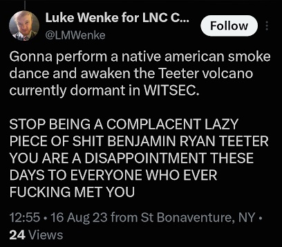 August 16, 2023, X post in which Luke Wenke references a Native American smoke dance, describes awakening a metaphorical Teeter volcano, and directs profanity at Benjamin Ryan Teeter.