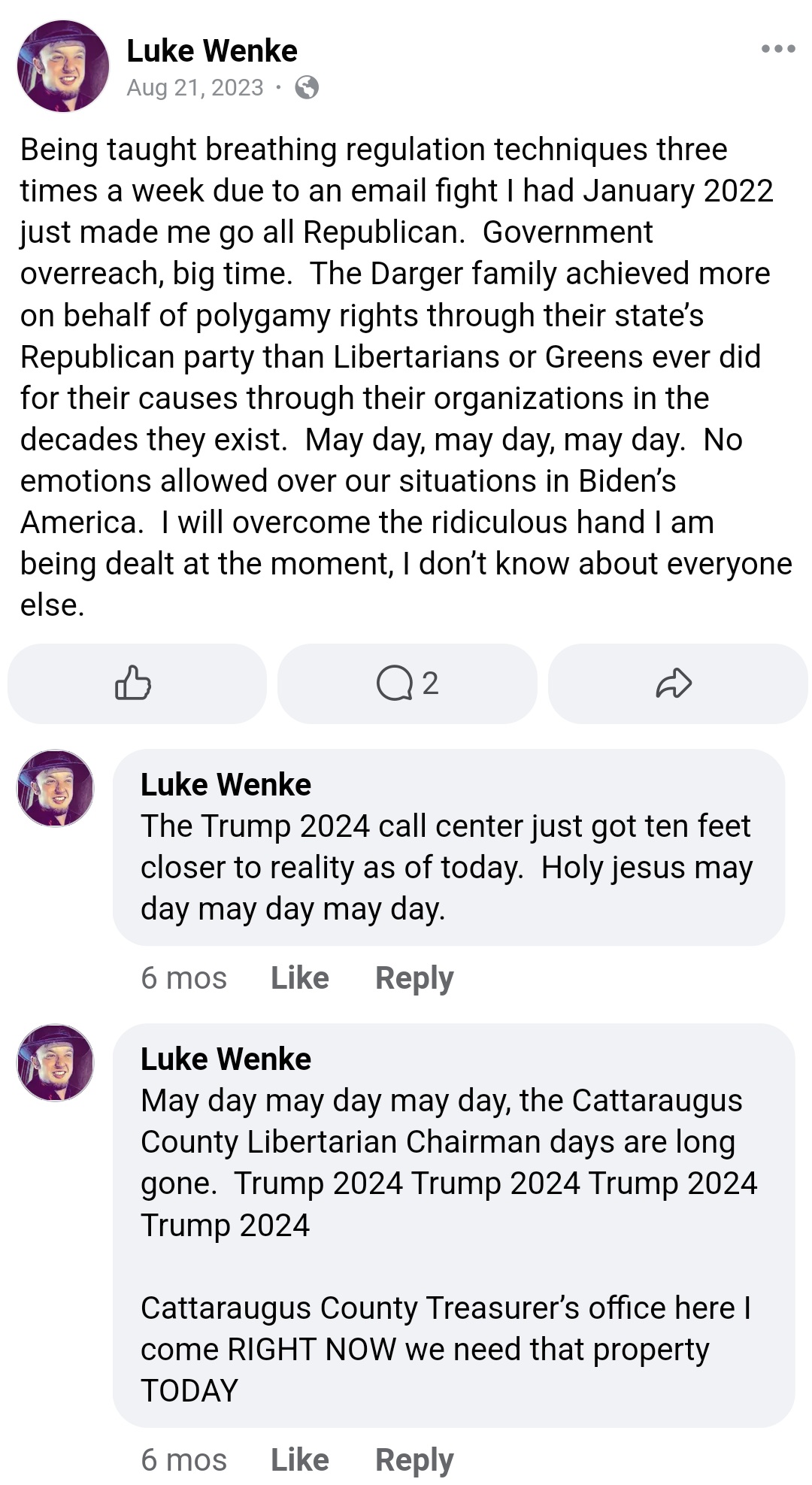 August 21, 2023, social media post by Luke Wenke describing government regulation of breathing as an example of government overreach and referencing Donald Trump's 2024 presidential campaign.