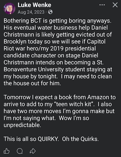 August 24, 2023, Facebook post by Luke Wenke discussing Daniel Christmann, referencing the January 6 Capitol riot, and speculating about Christmann attending St. Bonaventure University and staying at his home. Wenke also mentions ordering a book for his