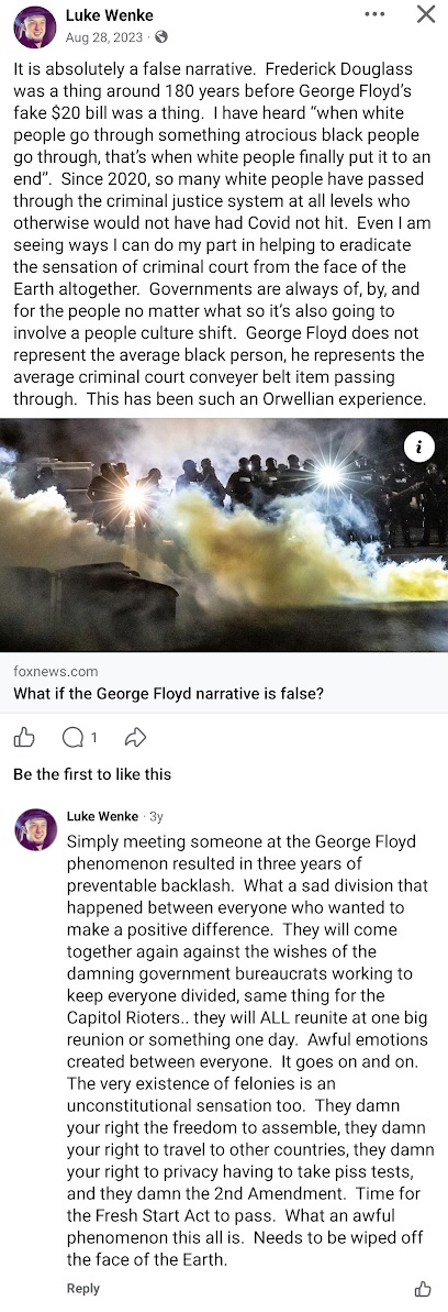 August 28, 2023, Facebook post by Luke Wenke sharing a Fox News article questioning the George Floyd narrative. Wenke makes disparaging claims about Floyd, references Frederick Douglass, and argues that the criminal justice system and government bureaucracy have fueled racial division since 2020. In a lengthy comment, Wenke criticizes restrictions on constitutional rights, references Capitol rioters, and calls for the George Floyd phenomenon to be eliminated.