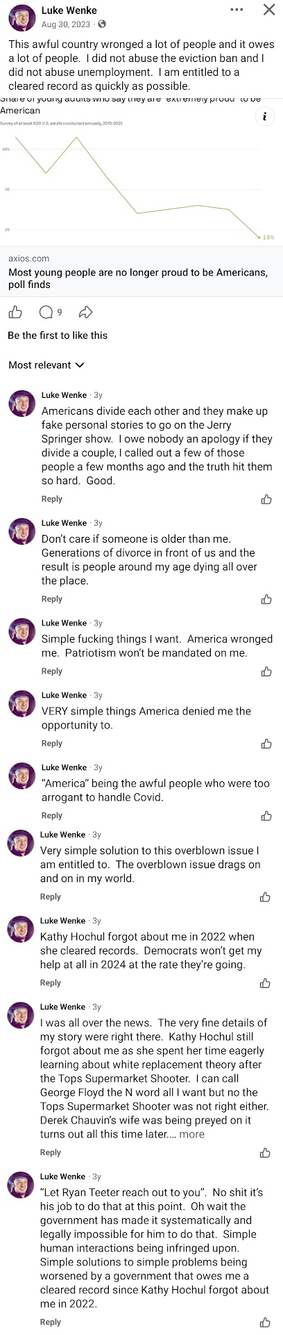 August 30, 2023, Facebook post by Luke Wenke denying abuse of eviction protections and unemployment benefits, demanding cleared records, and criticizing Kathy Hochul, COVID policies, and restrictions involving Ryan Teeter.