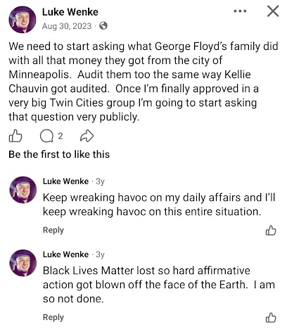 August 30, 2023, Facebook post by Luke Wenke calling for an audit of George Floyd's family, criticizing Black Lives Matter, and celebrating setbacks to affirmative action.