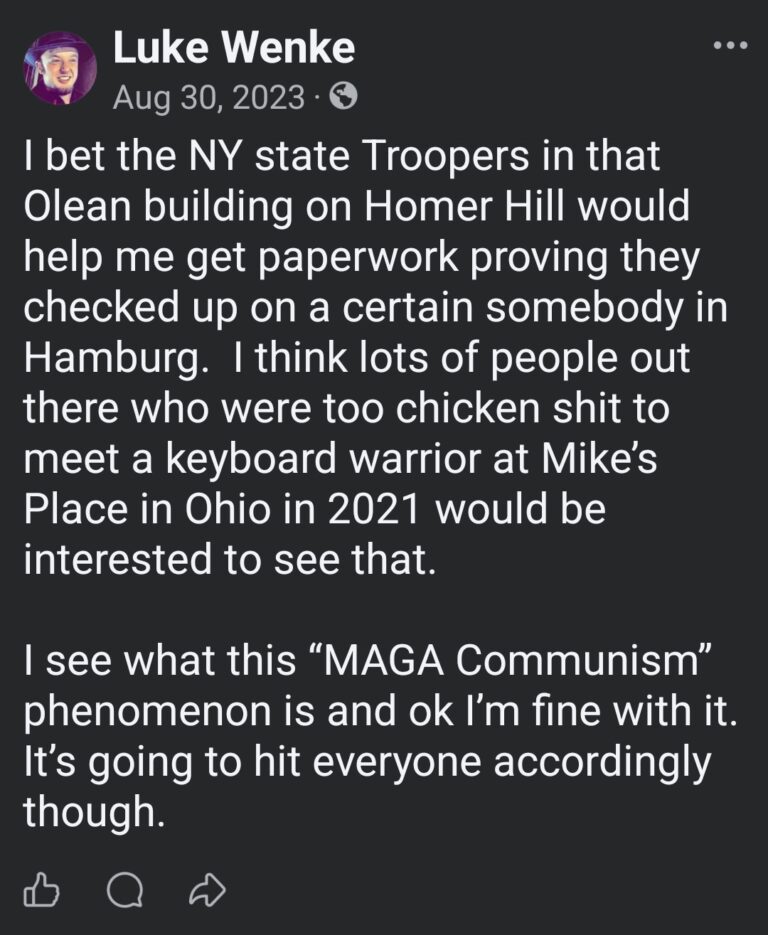 August 30, 2023, Facebook post by Luke Wenke discussing New York State Troopers in Olean and seeking documentation about an unidentified person in Hamburg, New York. Wenke references a proposed 2021 meeting at Mike's Place in Ohio and expresses support for the concept of MAGA Communism.