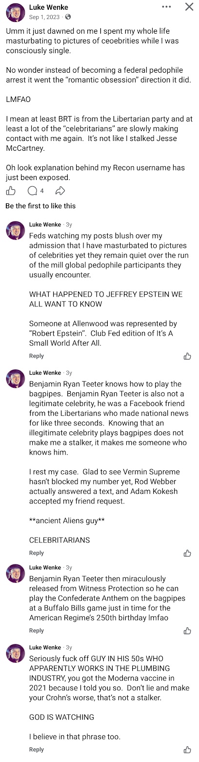 September 1, 2023, Facebook post by Luke Wenke admitting to masturbating to celebrity photos, disputing romantic obsession and stalking allegations involving Benjamin Ryan Teeter, and referencing Jeffrey Epstein.