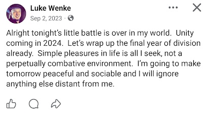Luke Wenke declares an end to personal conflicts and expresses hope for unity and peace in 2024.