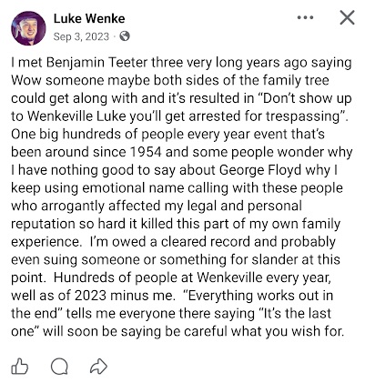 September 3, 2023, Facebook post by Luke Wenke referencing Benjamin Teeter, criticizing his exclusion from Wenkeville family reunions, and demanding a cleared criminal record.
