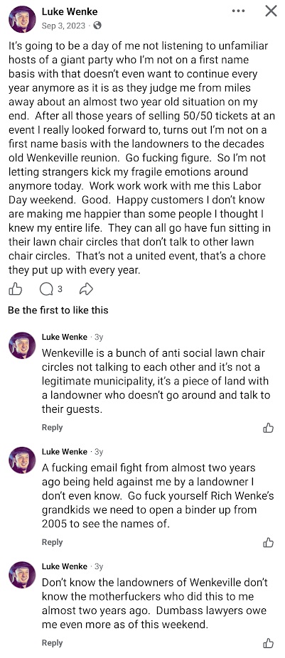 September 3, 2023, Facebook post by Luke Wenke criticizing Wenkeville family reunion organizers, landowners, and lawyers over an ongoing email dispute and family tensions.