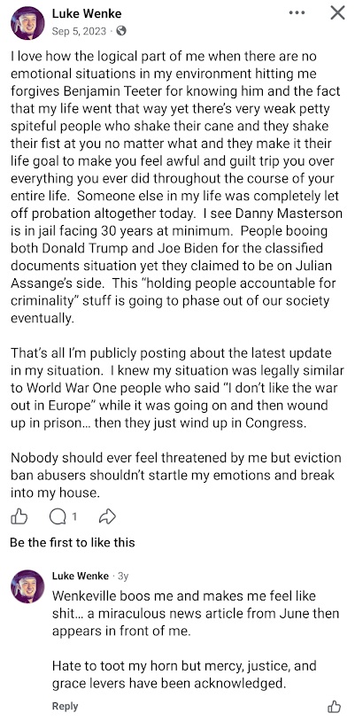 September 5, 2023, Facebook post by Luke Wenke discussing forgiveness toward Benjamin Ryan Teeter, criticizing his relatives, referencing Danny Masterson's criminal case, and accusing others of violating his rights.