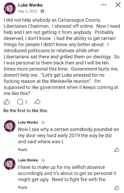 September 5, 2023, Facebook post by Luke Wenke criticizing his former Libertarian Party role, blaming the government for his problems, and warning that his disputes could become personal and ugly.