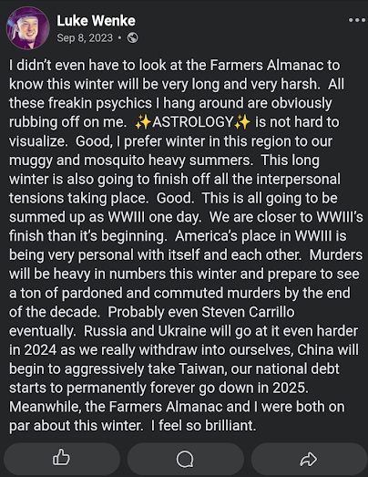 Luke Wenke calls himself brilliant while predicting WWIII, murders, and global conflict.