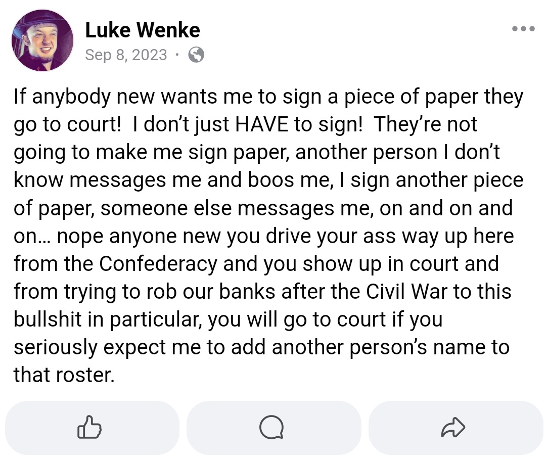Luke Wenke refuses to sign additional papers and demands court appearances.