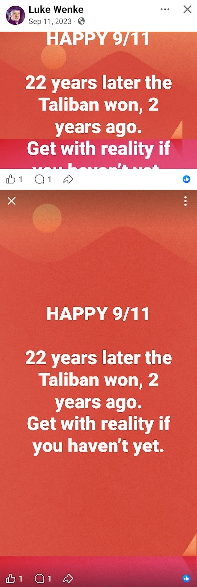 Luke Wenke posts “Happy 9/11” and declares that the Taliban won.