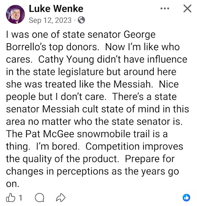 Luke Wenke claims he was a top donor to George Borrello and criticizes Cathy Young's supporters.