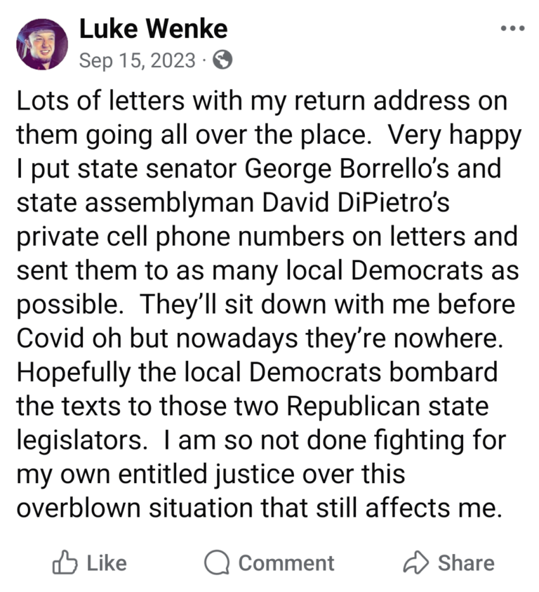 Luke Wenke admits distributing George Borrello's and David DiPietro's private phone numbers.