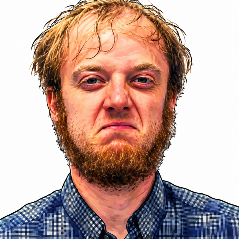 Illustration of a Luke Wenke lookalike posing for a booking photo.
