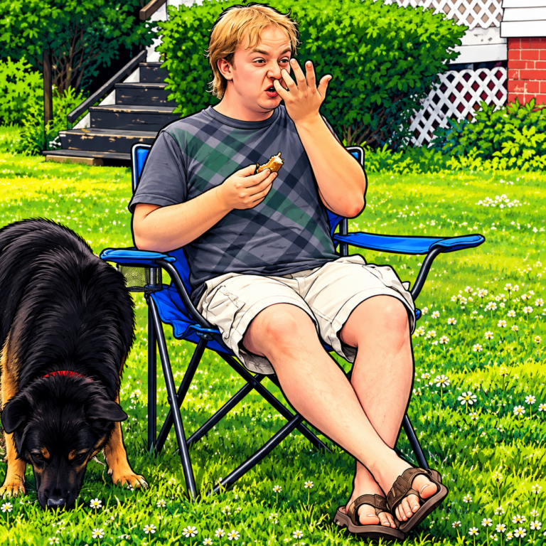 Bright, detailed comic-style illustration of a Luke Wenke lookalike sitting in a blue folding chair in a grassy backyard, eating a snack and touching his nose while a large black-and-tan dog sniffs the grass nearby.