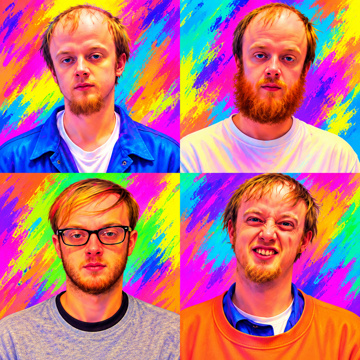colorful renditions of four of Luke Wenke's booking photos